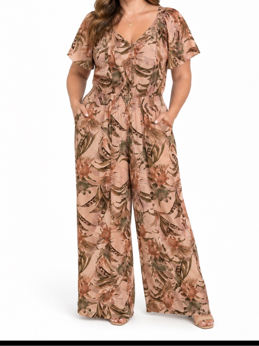 Lane Bryant Tan with Olive/Brown Tropical Floral Wide-Leg Jumpsuit 14/16